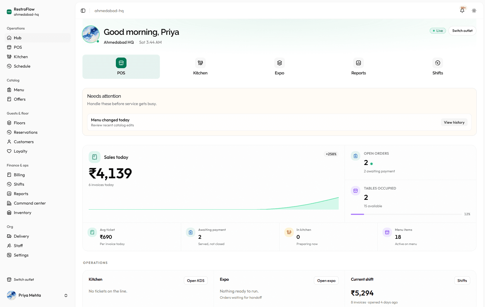 RestroFlow hub dashboard with sales, open orders, kitchen and expo operations, and floor navigation